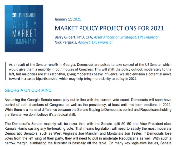 Market Policy Projections for 2021 | Weekly Market Commentary | January 11, 2021