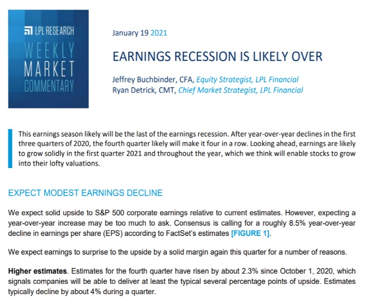 Earnings Recession is Likely Over | Weekly Market Commentary | January 19, 2021