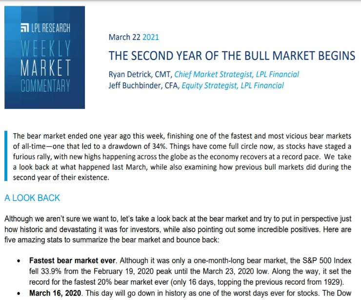 Second Year Of The Bull Market Begins | Weekly Market Commentary | March 22, 2021